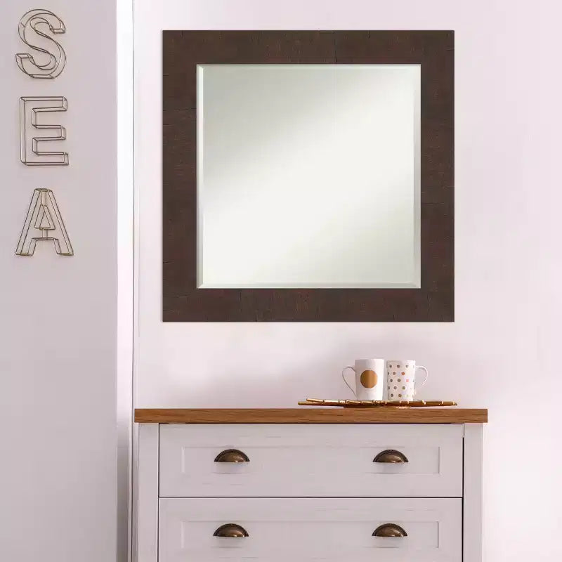 Miroir mural carré marron encadré, biseauté, pour 1