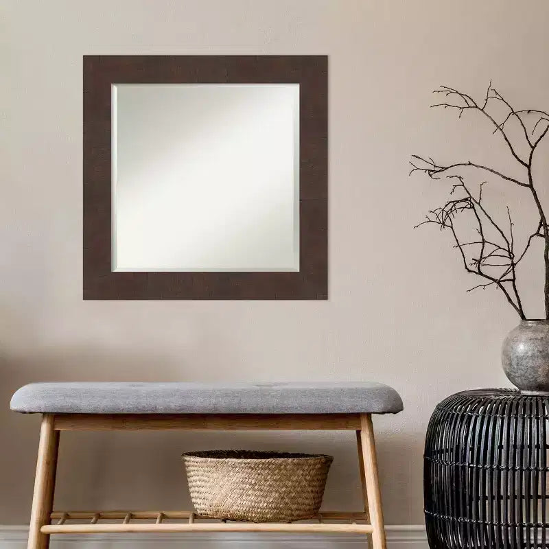 Miroir mural carré marron encadré, biseauté, pour 1