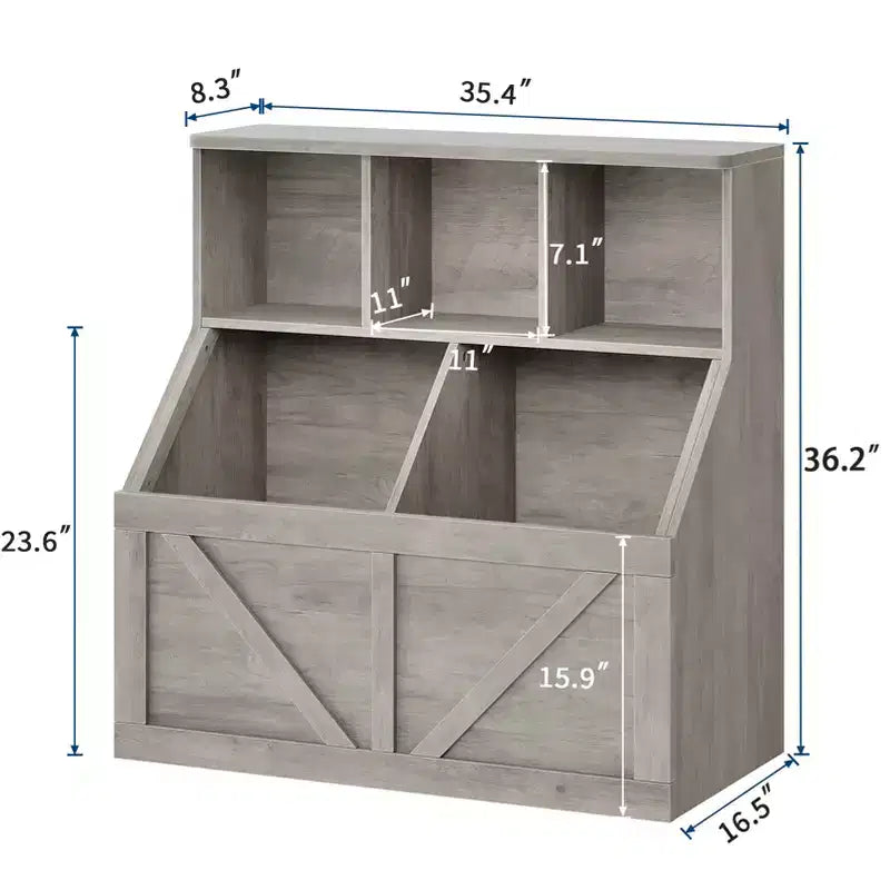 Bibliothèque et meuble de rangement pour jouets pour enfants, couleur blanc antique/gris/blanc, étagère ouverte à 3 niveaux avec 2 bacs, pour 1 enfant