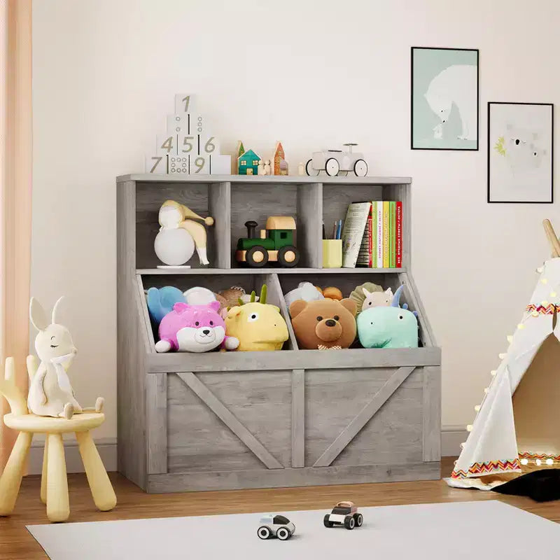 Bibliothèque et meuble de rangement pour jouets pour enfants, couleur blanc antique/gris/blanc, étagère ouverte à 3 niveaux avec 2 bacs, pour 1 enfant