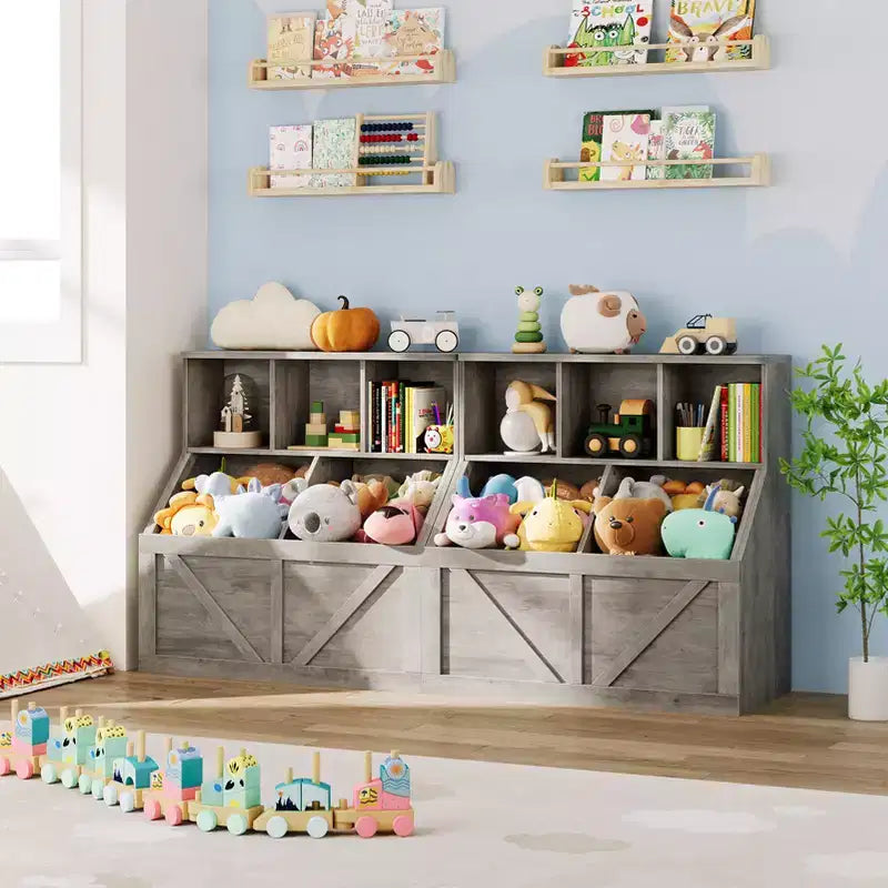 Bibliothèque et meuble de rangement pour jouets pour enfants, couleur blanc antique/gris/blanc, étagère ouverte à 3 niveaux avec 2 bacs, pour 1 enfant