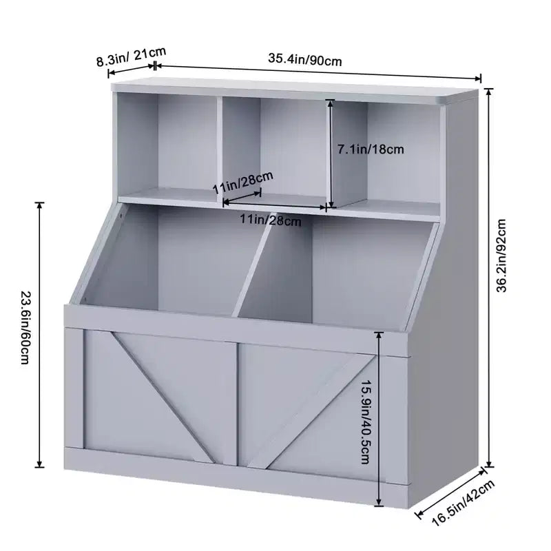 Bibliothèque et meuble de rangement pour jouets pour enfants, couleur blanc antique/gris/blanc, étagère ouverte à 3 niveaux avec 2 bacs, pour 1 enfant