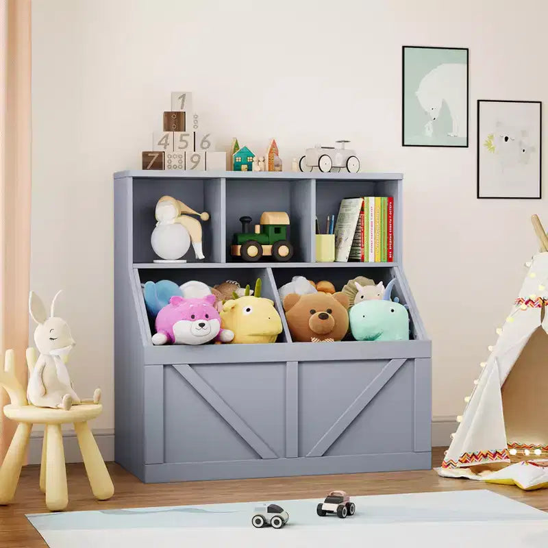 Bibliothèque et meuble de rangement pour jouets pour enfants, couleur blanc antique/gris/blanc, étagère ouverte à 3 niveaux avec 2 bacs, pour 1 enfant
