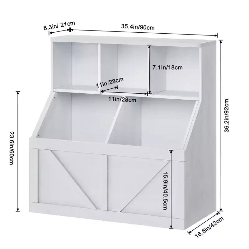 Bibliothèque et meuble de rangement pour jouets pour enfants, couleur blanc antique/gris/blanc, étagère ouverte à 3 niveaux avec 2 bacs, pour 1 enfant