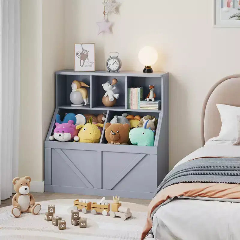Bibliothèque et meuble de rangement pour jouets pour enfants, couleur blanc antique/gris/blanc, étagère ouverte à 3 niveaux avec 2 bacs, pour 1 enfant
