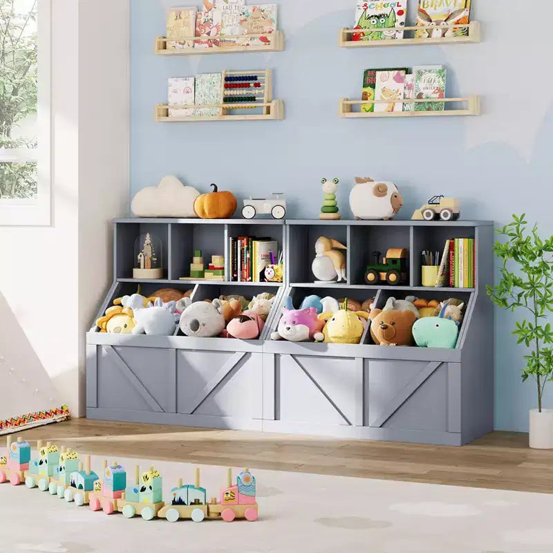 Bibliothèque et meuble de rangement pour jouets pour enfants, couleur blanc antique/gris/blanc, étagère ouverte à 3 niveaux avec 2 bacs, pour 1 enfant