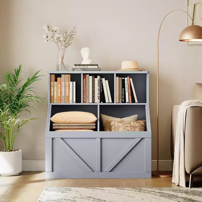 Bibliothèque et meuble de rangement pour jouets pour enfants, couleur blanc antique/gris/blanc, étagère ouverte à 3 niveaux avec 2 bacs, pour 1 enfant