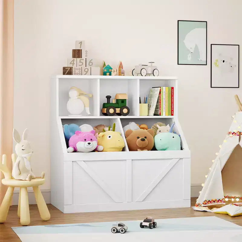 Bibliothèque et meuble de rangement pour jouets pour enfants, couleur blanc antique/gris/blanc, étagère ouverte à 3 niveaux avec 2 bacs, pour 1 enfant