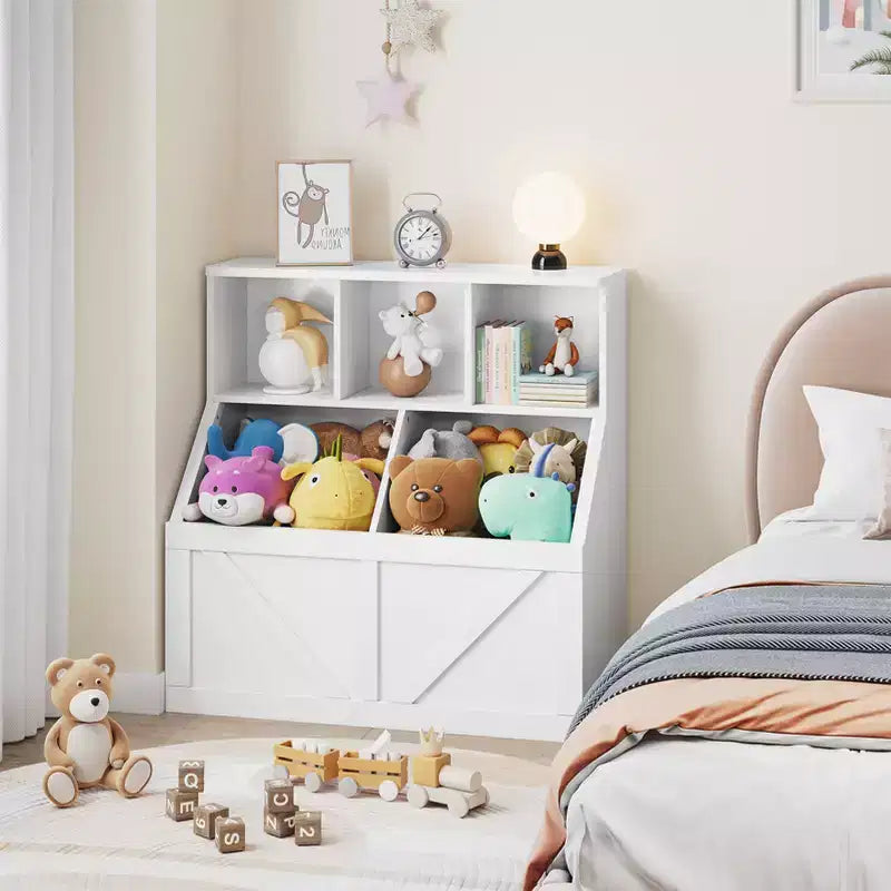 Bibliothèque et meuble de rangement pour jouets pour enfants, couleur blanc antique/gris/blanc, étagère ouverte à 3 niveaux avec 2 bacs, pour 1 enfant
