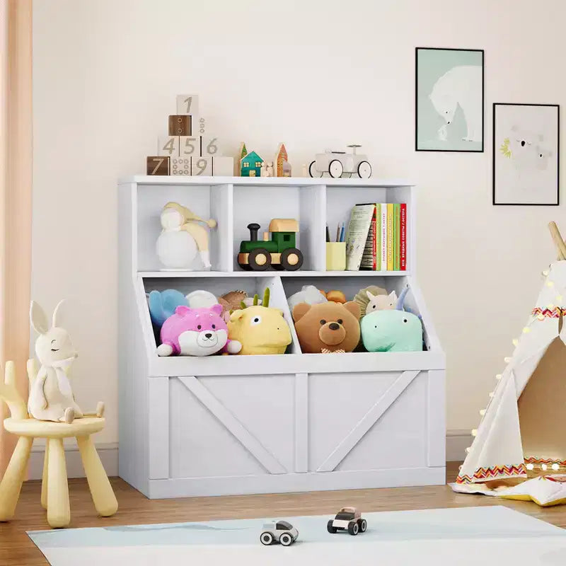 Bibliothèque et meuble de rangement pour jouets pour enfants, couleur blanc antique/gris/blanc, étagère ouverte à 3 niveaux avec 2 bacs, pour 1 enfant