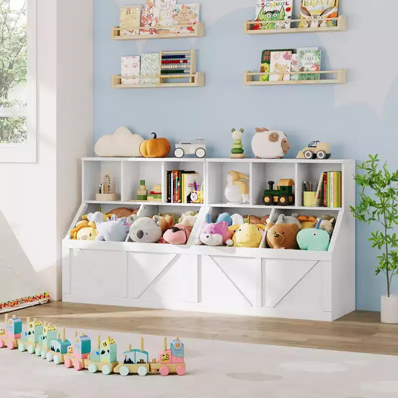 Bibliothèque et meuble de rangement pour jouets pour enfants, couleur blanc antique/gris/blanc, étagère ouverte à 3 niveaux avec 2 bacs, pour 1 enfant