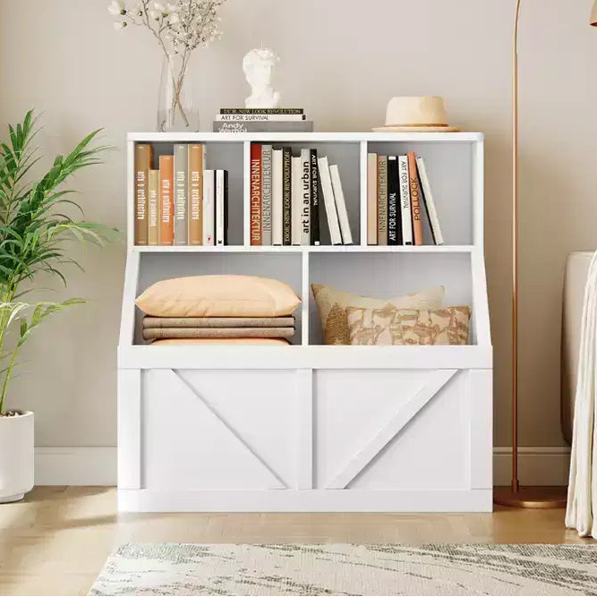 Bibliothèque et meuble de rangement pour jouets pour enfants, couleur blanc antique/gris/blanc, étagère ouverte à 3 niveaux avec 2 bacs, pour 1 enfant