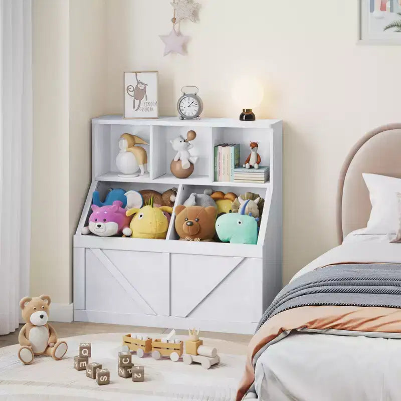 Bibliothèque et meuble de rangement pour jouets pour enfants, couleur blanc antique/gris/blanc, étagère ouverte à 3 niveaux avec 2 bacs, pour 1 enfant