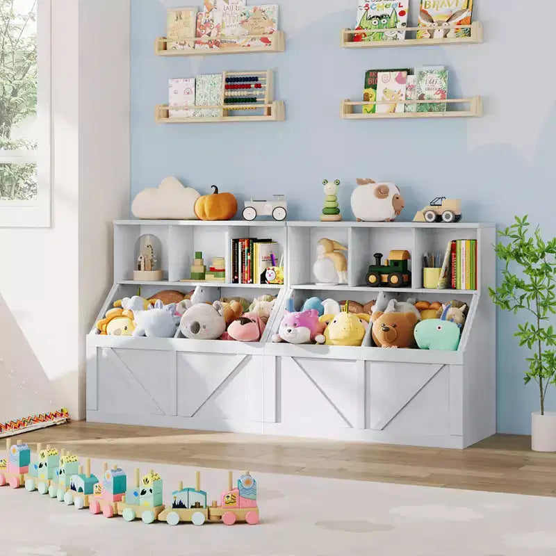 Bibliothèque et meuble de rangement pour jouets pour enfants, couleur blanc antique/gris/blanc, étagère ouverte à 3 niveaux avec 2 bacs, pour 1 enfant