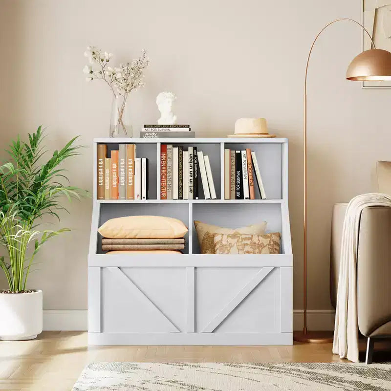 Bibliothèque et meuble de rangement pour jouets pour enfants, couleur blanc antique/gris/blanc, étagère ouverte à 3 niveaux avec 2 bacs, pour 1 enfant