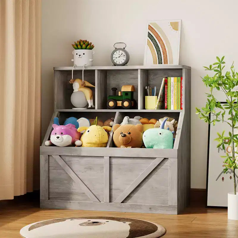 Bibliothèque et meuble de rangement pour jouets pour enfants, couleur blanc antique/gris/blanc, étagère ouverte à 3 niveaux avec 2 bacs, pour 1 enfant