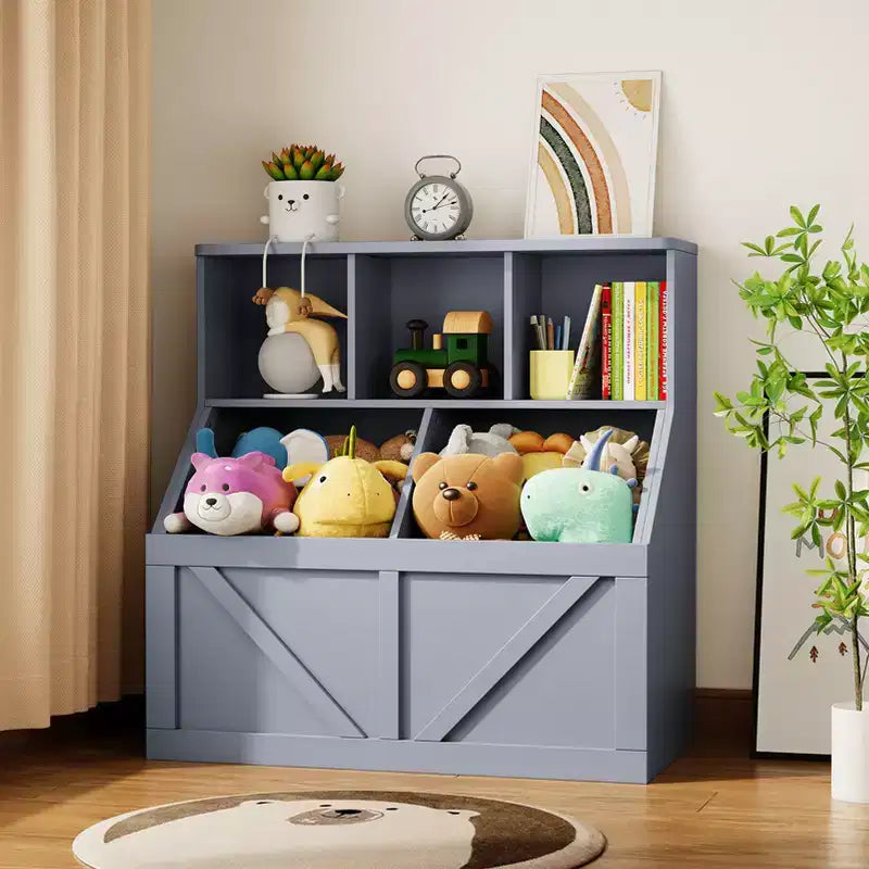 Bibliothèque et meuble de rangement pour jouets pour enfants, couleur blanc antique/gris/blanc, étagère ouverte à 3 niveaux avec 2 bacs, pour 1 enfant