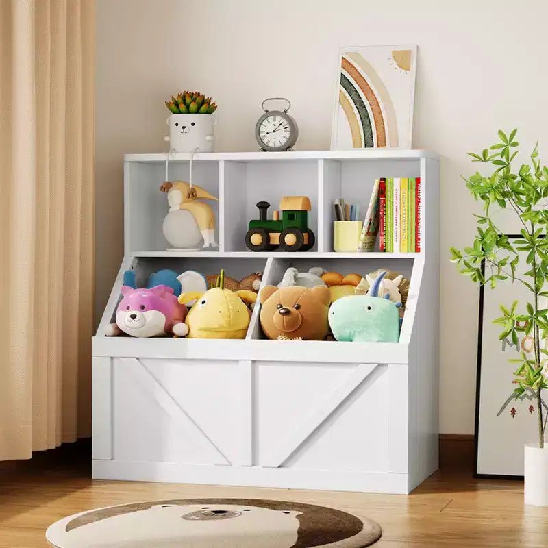 Bibliothèque et meuble de rangement pour jouets pour enfants, couleur blanc antique/gris/blanc, étagère ouverte à 3 niveaux avec 2 bacs, pour 1 enfant