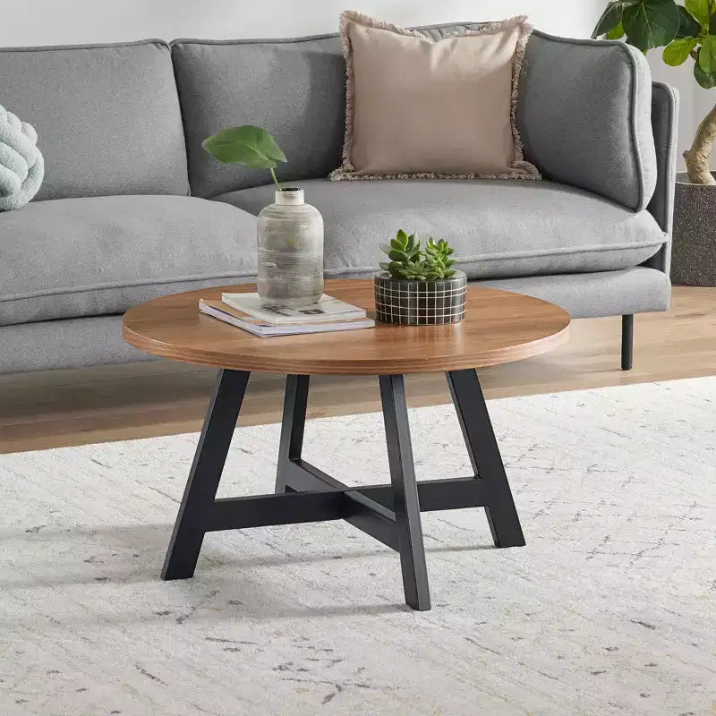 Table basse industrielle ronde en noyer et noir, 1 personne