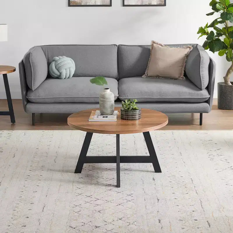 Table basse industrielle ronde en noyer et noir, 1 personne