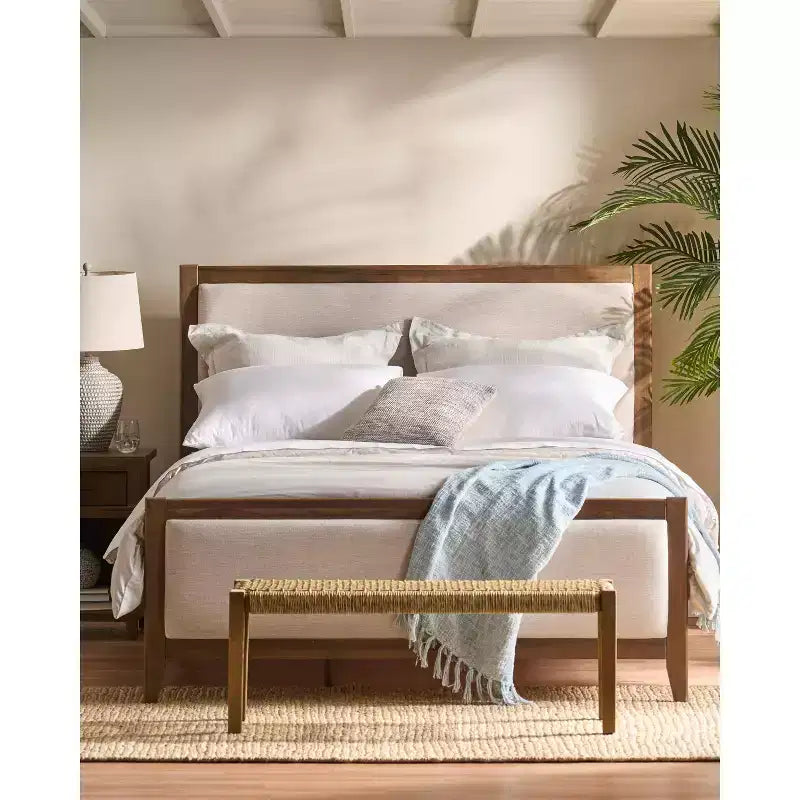 Christopher Knight Home Aura Acacia Wood Upholstered Bed Frame with Headboard and Footboard