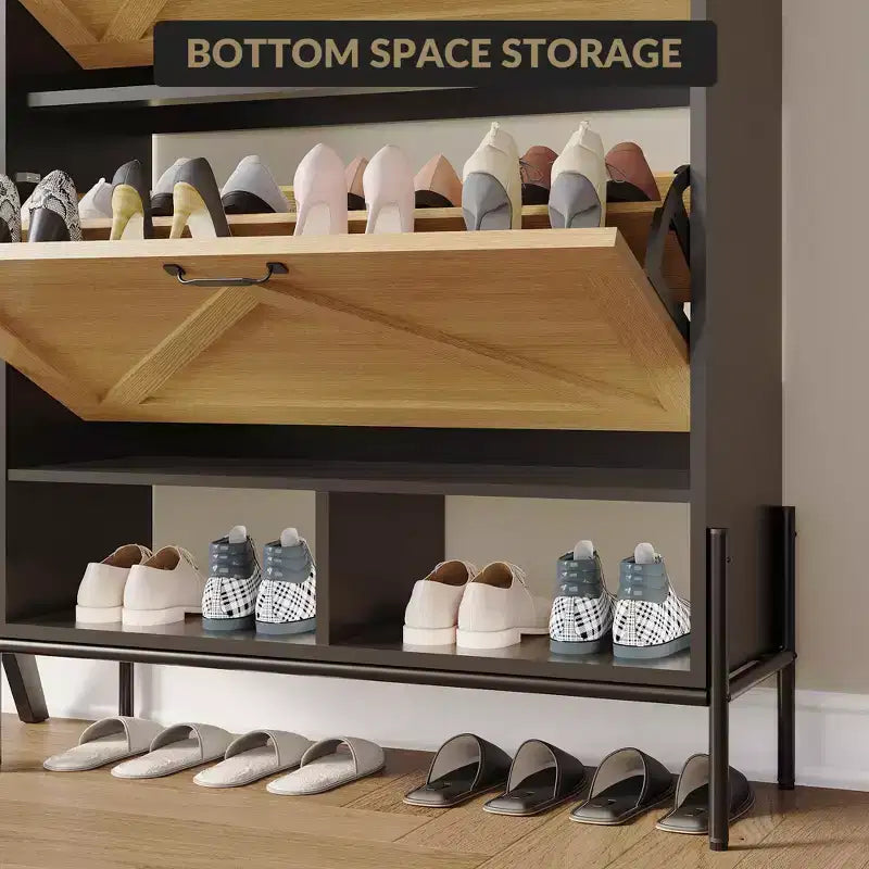 Meuble à chaussures autoportant avec 2 tiroirs basculants, Noir/Blanc/Rétro, Peut contenir 24 paires