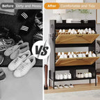 Meuble à chaussures autoportant avec 2 tiroirs basculants, Noir/Blanc/Rétro, Peut contenir 24 paires