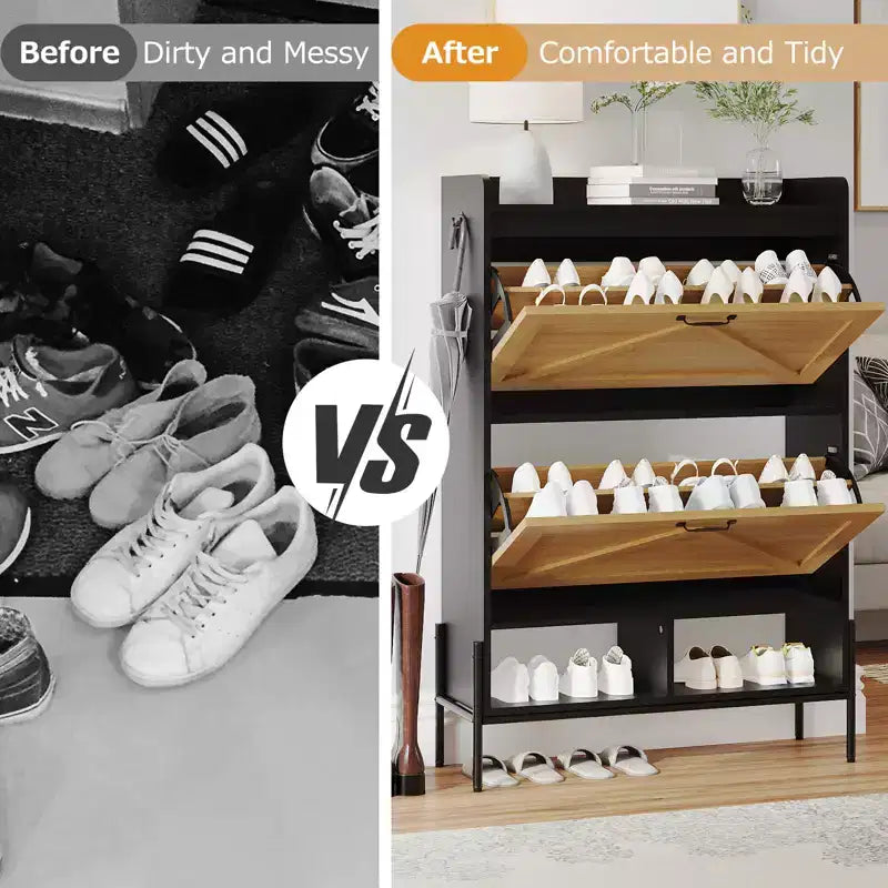 Meuble à chaussures autoportant avec 2 tiroirs basculants, Noir/Blanc/Rétro, Peut contenir 24 paires