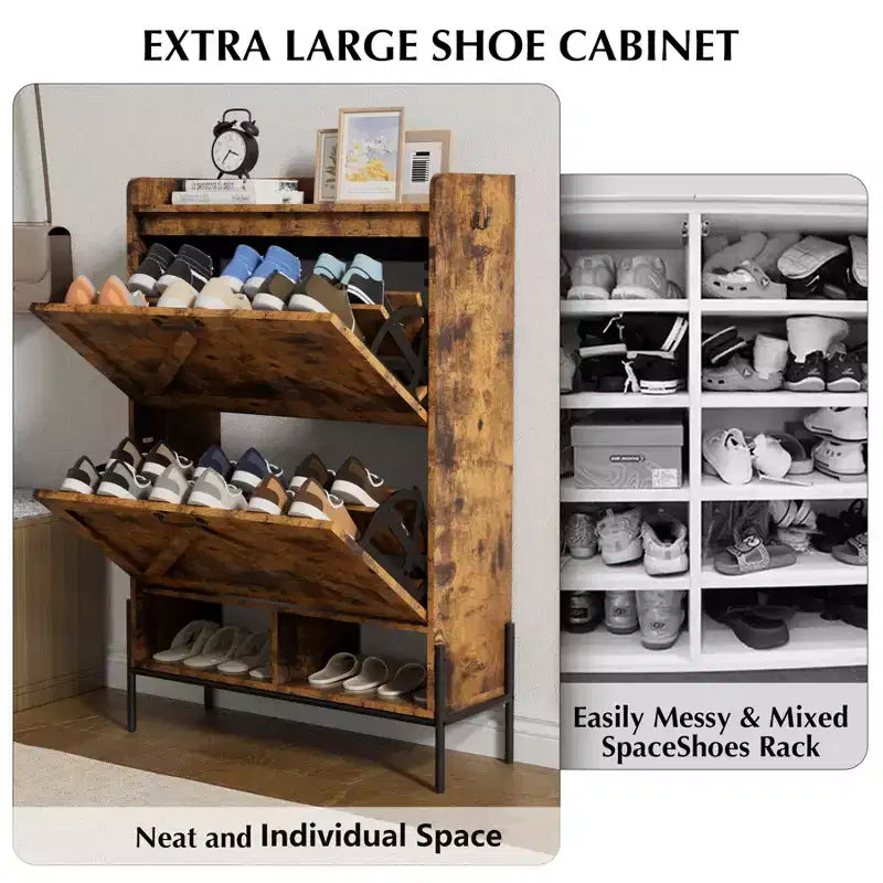 Meuble à chaussures autoportant avec 2 tiroirs basculants, Noir/Blanc/Rétro, Peut contenir 24 paires