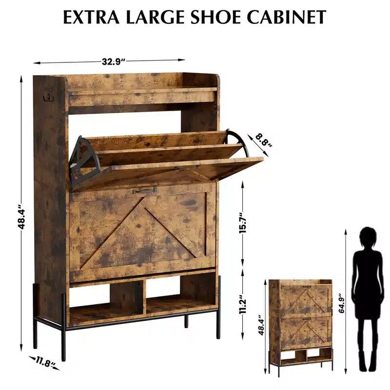 Meuble à chaussures autoportant avec 2 tiroirs basculants, Noir/Blanc/Rétro, Peut contenir 24 paires