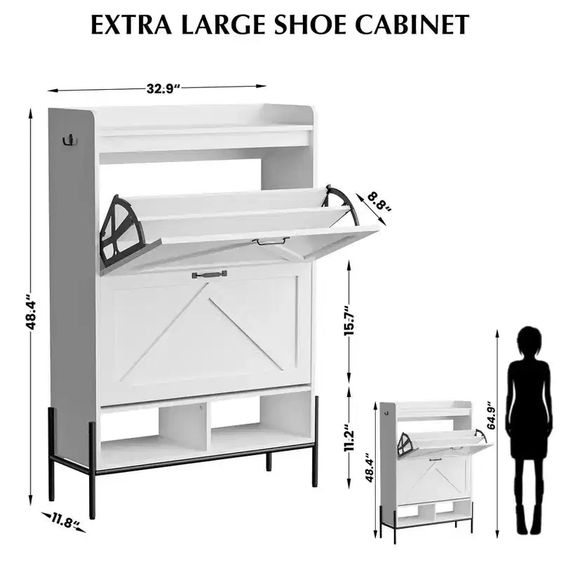 Meuble à chaussures autoportant avec 2 tiroirs basculants, Noir/Blanc/Rétro, Peut contenir 24 paires