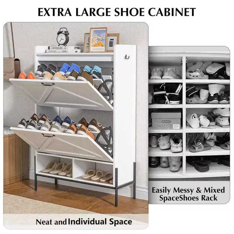 Meuble à chaussures autoportant avec 2 tiroirs basculants, Noir/Blanc/Rétro, Peut contenir 24 paires
