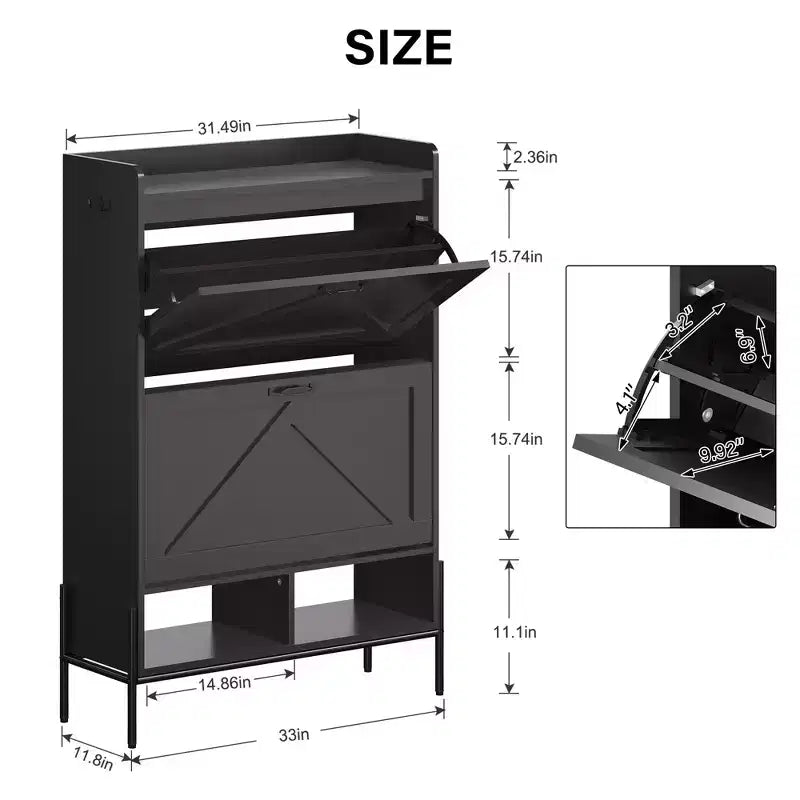 Meuble à chaussures autoportant avec 2 tiroirs basculants, Noir/Blanc/Rétro, Peut contenir 24 paires