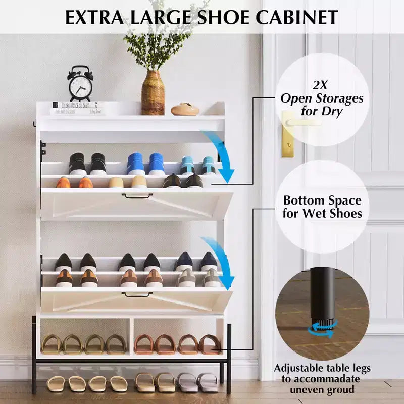 Meuble à chaussures autoportant avec 2 tiroirs basculants, Noir/Blanc/Rétro, Peut contenir 24 paires