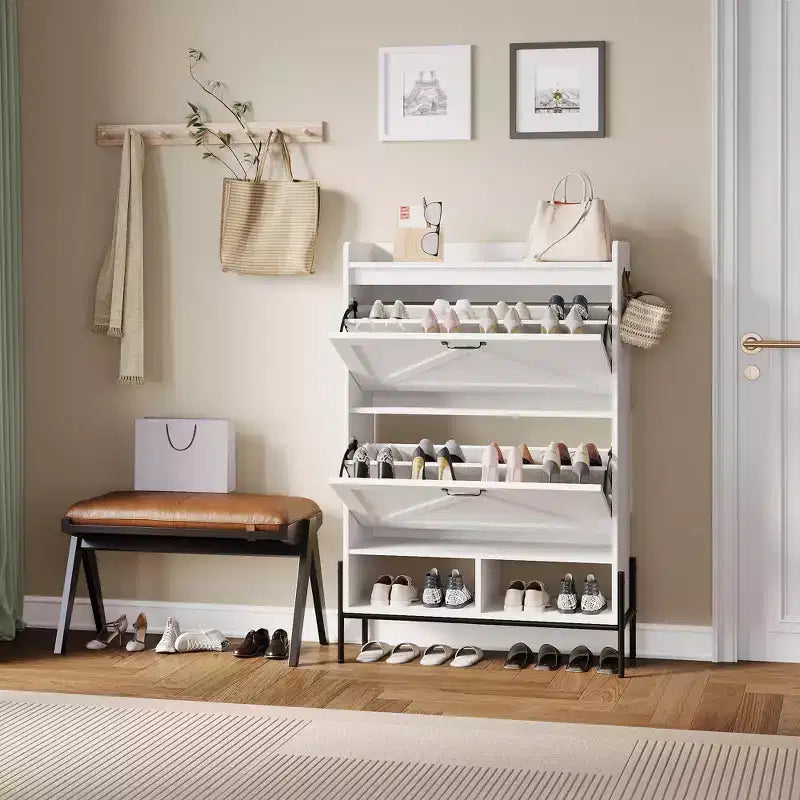 Meuble à chaussures autoportant avec 2 tiroirs basculants, Noir/Blanc/Rétro, Peut contenir 24 paires