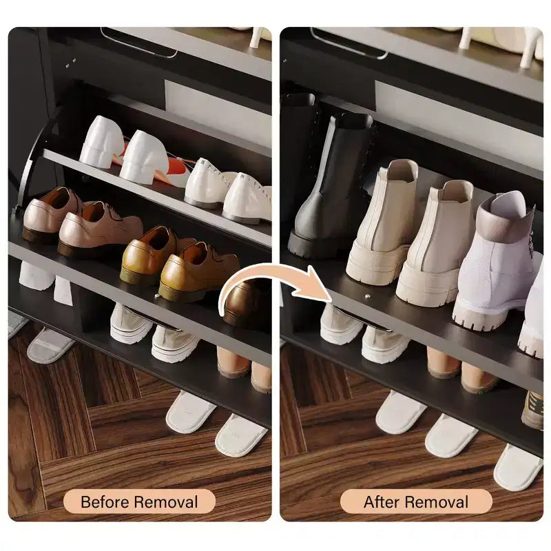 Meuble à chaussures autoportant avec 2 tiroirs basculants, Noir/Blanc/Rétro, Peut contenir 24 paires