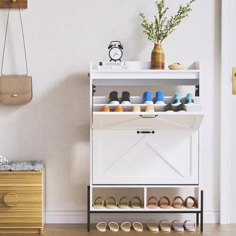 Meuble à chaussures autoportant avec 2 tiroirs basculants, Noir/Blanc/Rétro, Peut contenir 24 paires