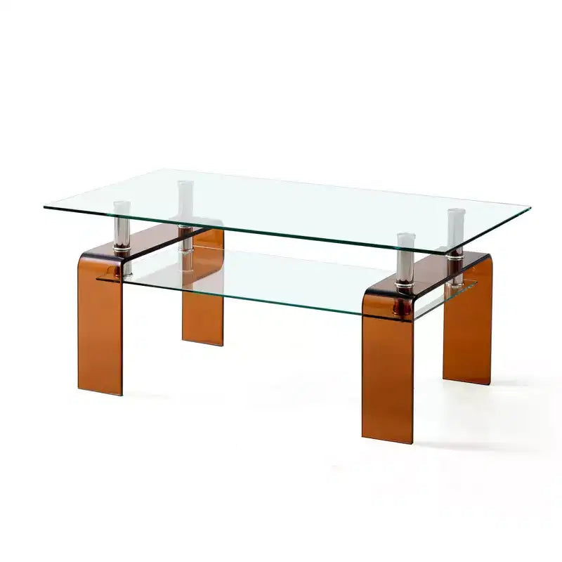 HomeRoots 39 Clear and Brown Glass Coffee Table With Shelf