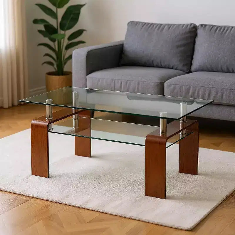 Table basse rectangulaire à 4 pieds, en verre clair et marron, à 2 niveaux