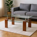 Table basse rectangulaire à 4 pieds, en verre clair et marron, à 2 niveaux