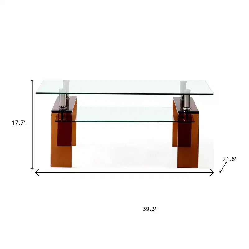 Table basse rectangulaire à 4 pieds, en verre clair et marron, à 2 niveaux