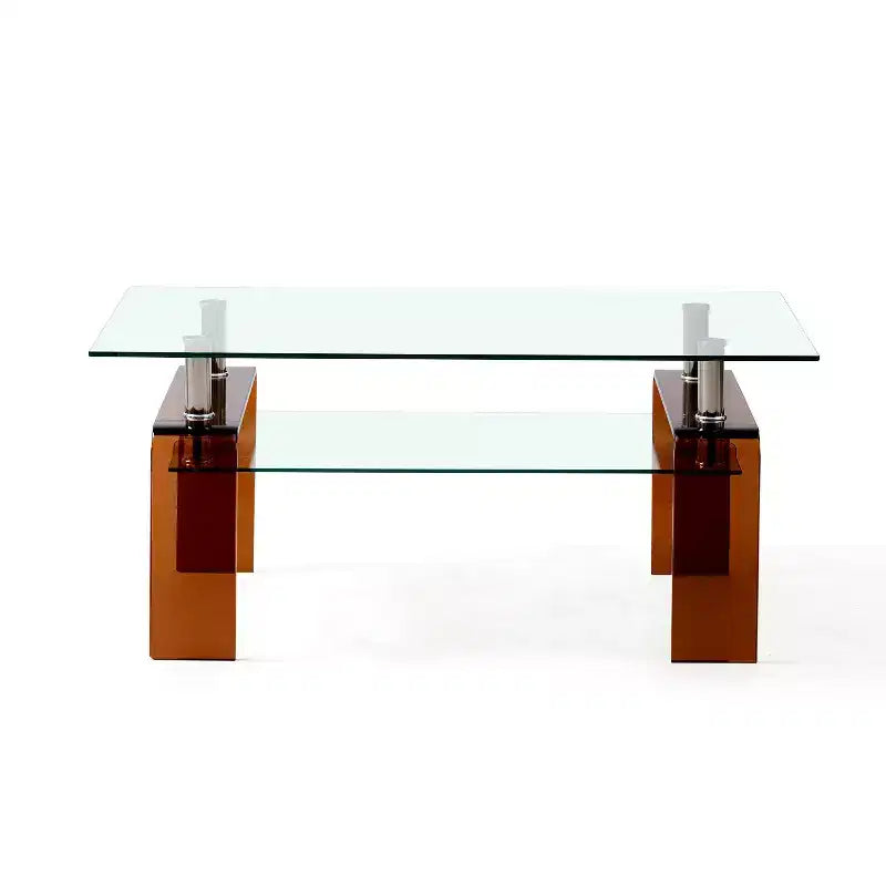 Table basse rectangulaire à 4 pieds, en verre clair et marron, à 2 niveaux
