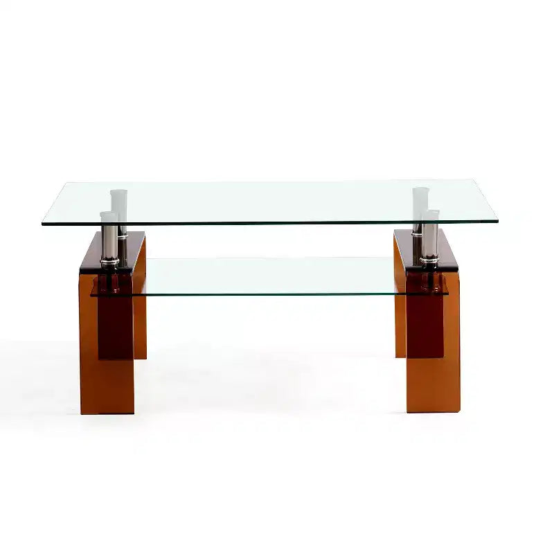 Table basse rectangulaire à 4 pieds, en verre clair et marron, à 2 niveaux