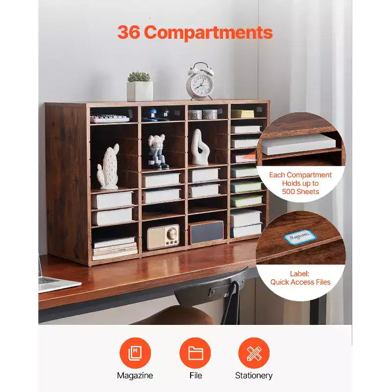 Organiseur de documents marron à 36 compartiments avec étagères amovibles, pour un seul utilisateur