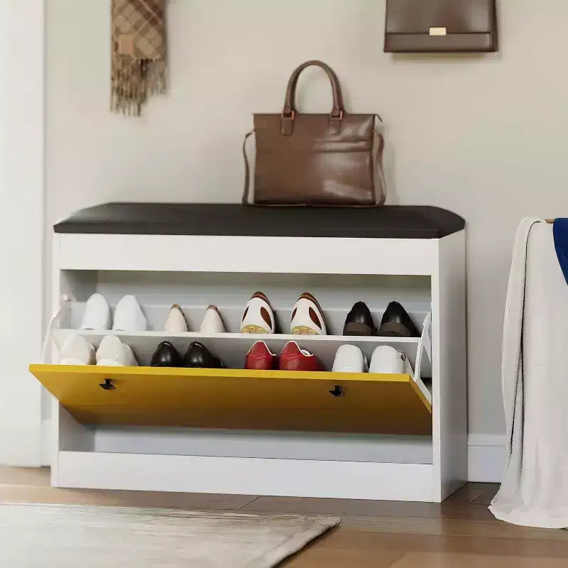 Banc à chaussures brun à 2 tiroirs basculants avec siège rembourré, peut contenir jusqu'à 8 paires