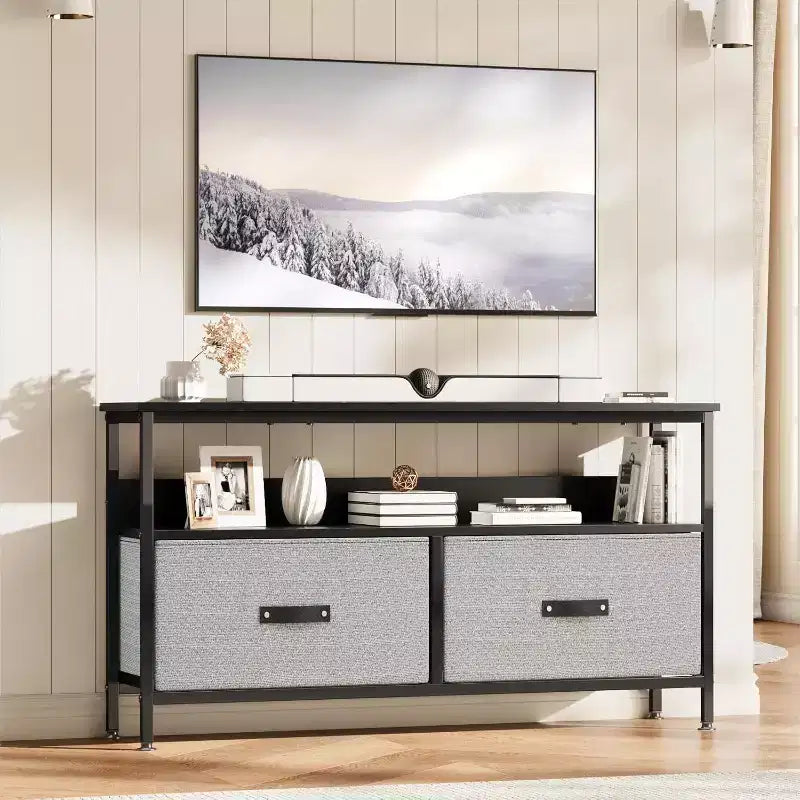 Dresser Tv Stand, Modern Tv Stands, 2 Extra Large Capacity Fabric Drawers, Entertainment Center with Open Storage Shelves, with Four Adjustable Feet