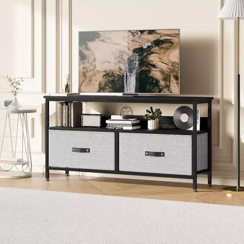 Meuble TV noir avec 2 tiroirs en tissu, convient aux téléviseurs jusqu'à 55 pouces, étagères ouvertes