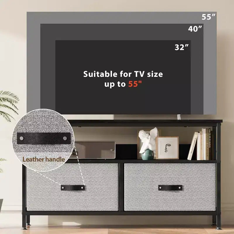 Meuble TV noir avec 2 tiroirs en tissu, convient aux téléviseurs jusqu'à 55 pouces, étagères ouvertes