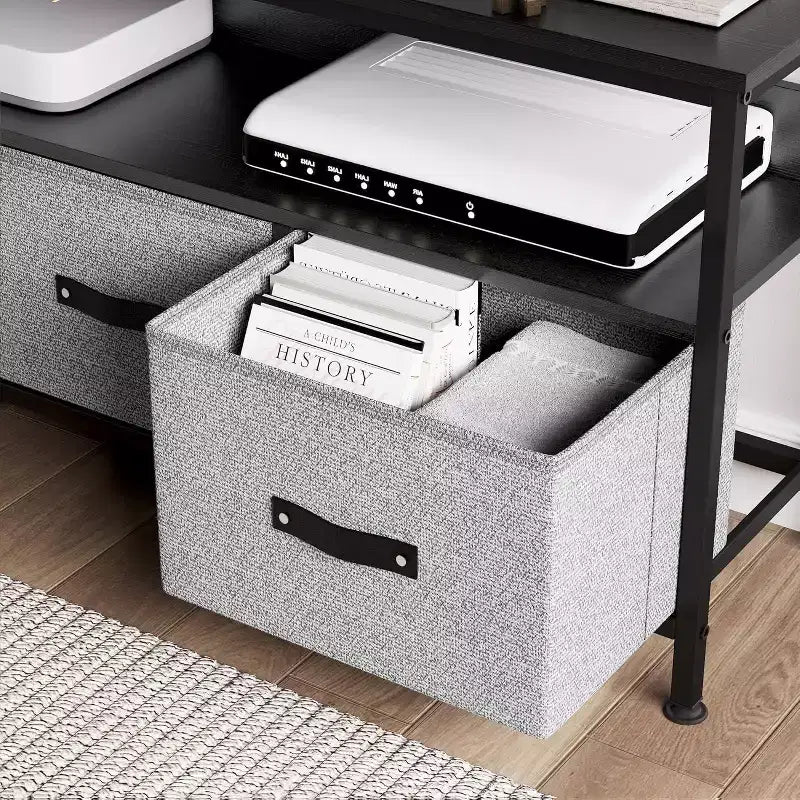 Meuble TV noir avec 2 tiroirs en tissu, convient aux téléviseurs jusqu'à 55 pouces, étagères ouvertes