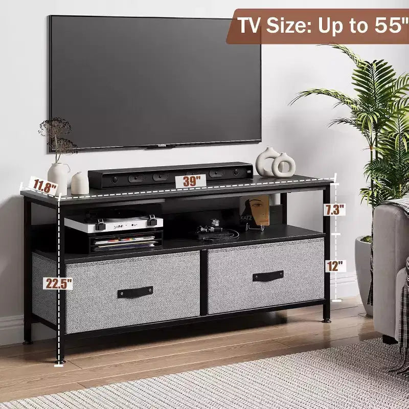Meuble TV noir avec 2 tiroirs en tissu, convient aux téléviseurs jusqu'à 55 pouces, étagères ouvertes